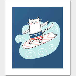 Cat Surfing in Waves Posters and Art